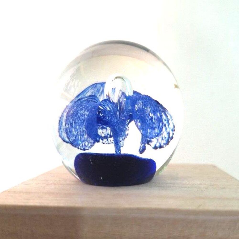 Vintage Art Glass Cobalt Blue w/blue Flower & Lg Controlled Bubble Paperweight